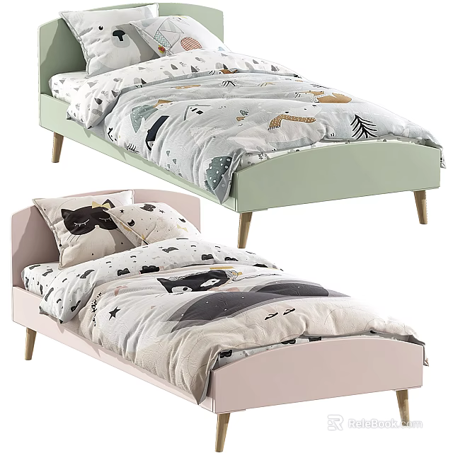 Modern Kids Beds With Animal Print Bedding And Pastel Green Pink Frames 3d model 