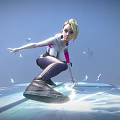 Blonde Female Character Crouching On Transparent Platform With Blue Fragments And Ice Crystals