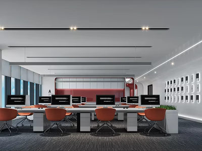 Modern Public Office Space With Orange Chairs White Desks And Desktop Computers 3d model