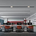Modern Public Office Space With Orange Chairs White Desks And Desktop Computers
