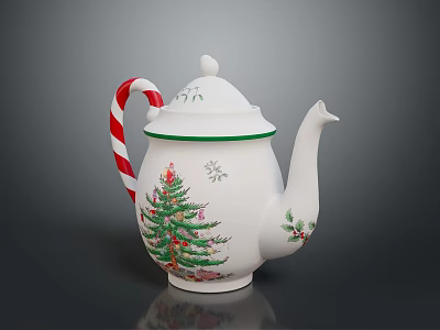 Festive Christmas Teapot With Christmas Tree Design Candy Cane Handle Snowflakes And Holly 3d model