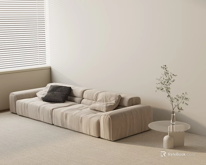 Modern Beige Velvet Three Seater Sofa in Living Room with Side Table Plant and Blinds 3d model 