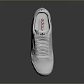 White Sneakers With Brown Sole Red And Blue Side Stripe And Brand Logo On Tongue
