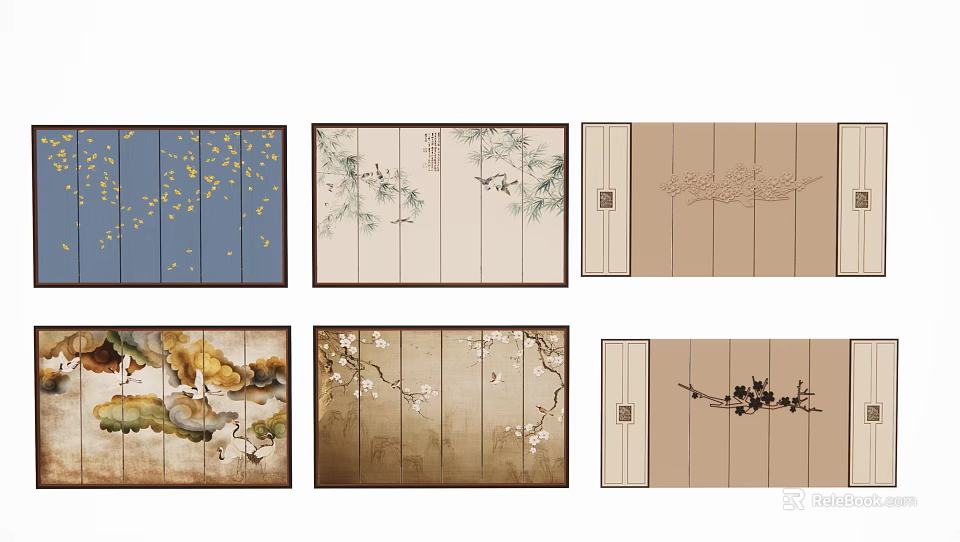 Decorative Screens Featuring Traditional Floral Bird Tree Branch Beige And Blue Patterns 3d model 