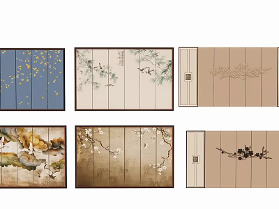 Decorative Screens Featuring Traditional Floral Bird Tree Branch Beige And Blue Patterns 3d model