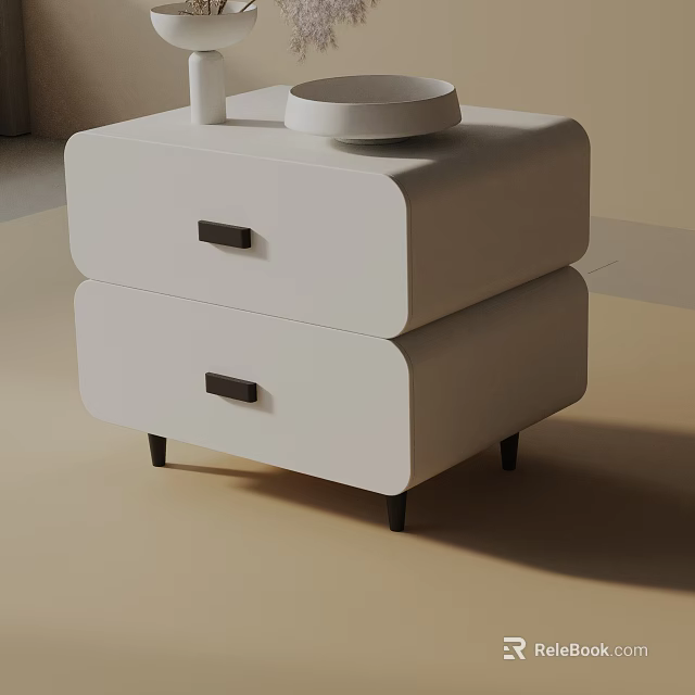 Modern White Bedside Table With Two Drawers Black Handles And Slim Black Legs 3d model 