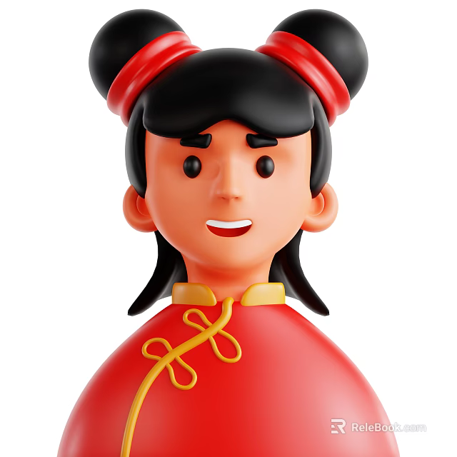 Woman In Traditional Chinese Red Dress With Yellow Button Details And Hair Accessories 3d model 