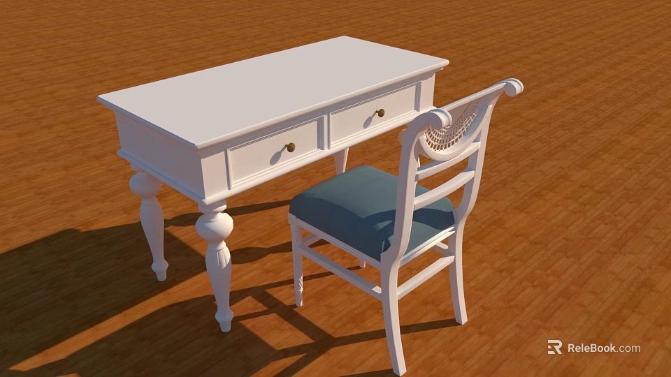 White Desk With Drawers Gold Handles Carved Legs And White Chair Blue Seat On Floor 3d model 