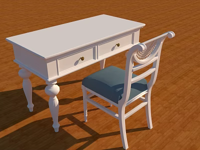 White Desk With Drawers Gold Handles Carved Legs And White Chair Blue Seat On Floor 3d model