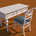 White Desk With Drawers Gold Handles Carved Legs And White Chair Blue Seat On Floor