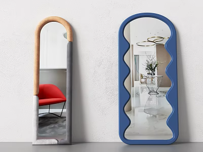 Two Stylish Mirrors With Arched Wooden Handle Gray Frame And Blue Wavy Frame Reflecting Interior 3d model