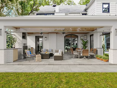 Modern Hotel Public Lounge Area With Outdoor Comfortable Seating Greenery And Shaded Canopy 3d model