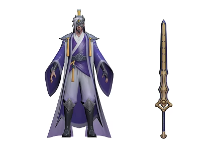 Ancient Style Character In Purple Flowing Robe With White Lining And Golden Ornate Sword 3d model