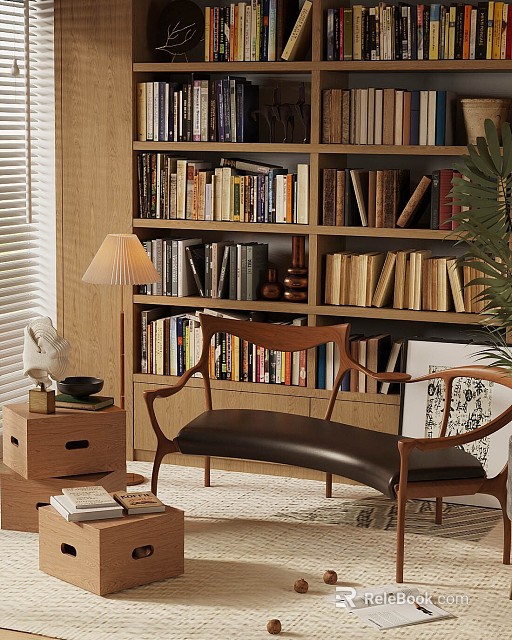 Comfortable Lounge Chair in Cozy Reading Nook with Wooden Bookshelf Lamps and Plant 3d model 