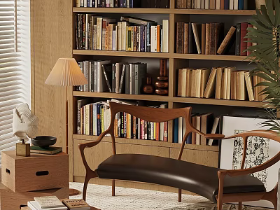 Comfortable Lounge Chair in Cozy Reading Nook with Wooden Bookshelf Lamps and Plant 3d model