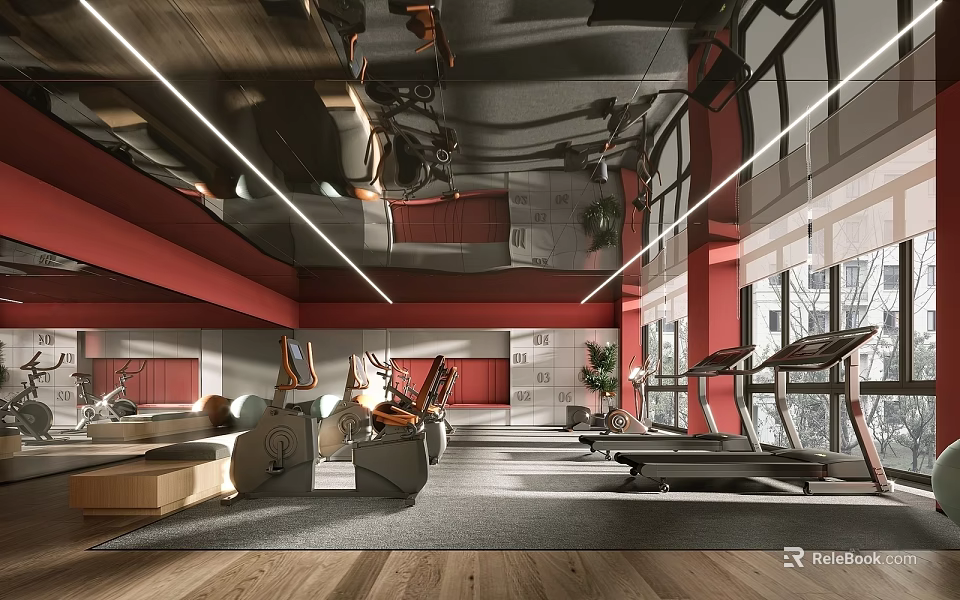 Modern Fitness Gym Interior With Red Walls Wooden Flooring Large Windows And Treadmills 3d model 