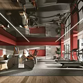 Modern Fitness Gym Interior With Red Walls Wooden Flooring Large Windows And Treadmills