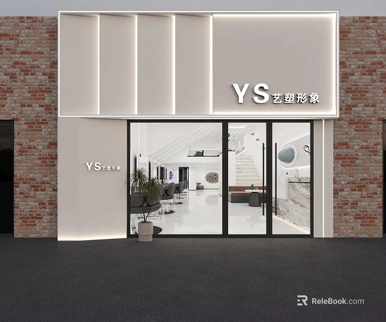 YS Storefront With White Signage Brick Walls Glass Doors Showcasing Interior Plants Sofa Workspace 3d model 