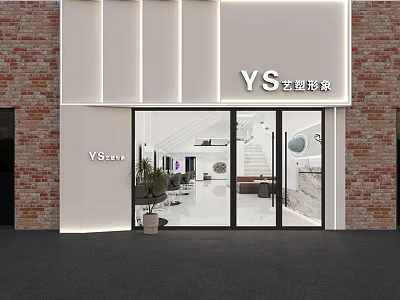 YS Storefront With White Signage Brick Walls Glass Doors Showcasing Interior Plants Sofa Workspace 3d model