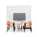 Modern Conference Table With Laptop And Orange Chairs Near Large Screen On White Wall