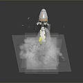 White And Gold Rocket Launching With Flames And Smoke On Gray Background