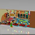 Cartoon Themed Kids Indoor Play Area With Colorful Lights Green Character And Tables