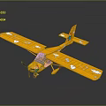Space Themed Yellow Toy Airplane with Cloud Patterns on Wings and Cartoon Character