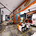 Modern Clothing Store Interior With Orange Lion Sculpture Round Display Platform Blue Partition Geometric Floor