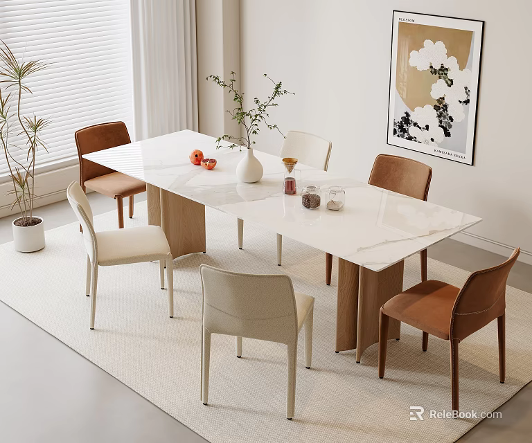 Dining Table Set with White Marble Tabletop Two Brown Two Beige Chairs Vase Fruits Glassware 3d model 
