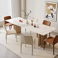 Dining Table Set with White Marble Tabletop Two Brown Two Beige Chairs Vase Fruits Glassware