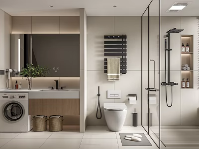 Modern Bathroom Interior Design With Shower Area Toilet Sink And Washing Machine 3d model