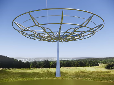Modern Garden Sculpture Circular Metal Frame Structure On Green Grassland With Trees And Blue Sky 3d model