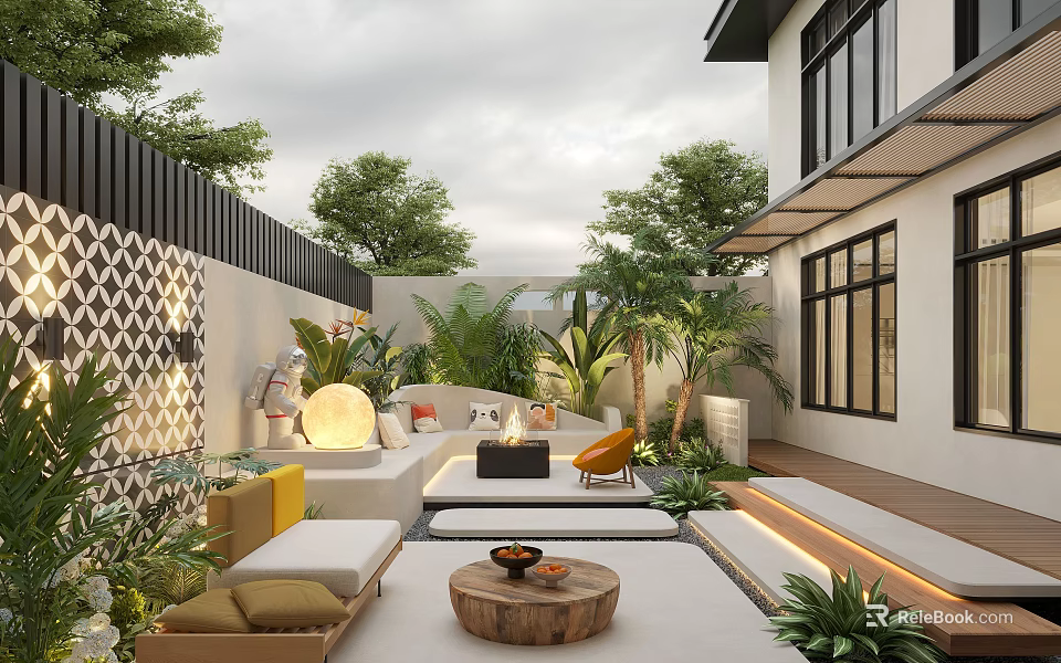 Cozy Modern Courtyard Garden With Outdoor Seating Lush Greenery Round Lantern And Wooden Coffee Table 3d model 