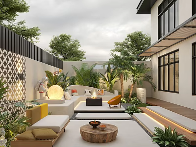 Cozy Modern Courtyard Garden With Outdoor Seating Lush Greenery Round Lantern And Wooden Coffee Table 3d model