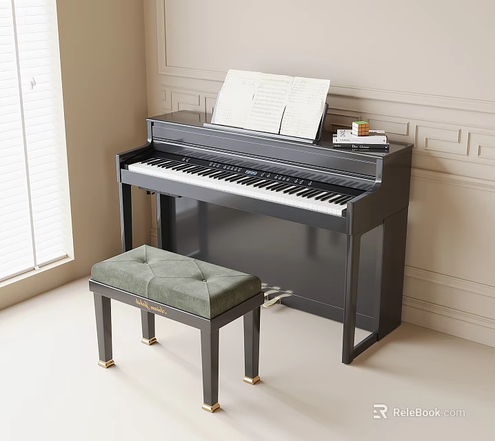 Stylish Piano Room With Black Piano And Upholstered Bench 3d model 