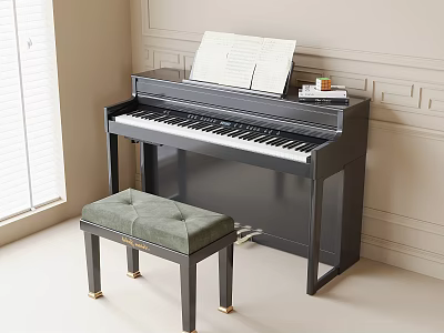 Stylish Piano Room With Black Piano And Upholstered Bench 3d model