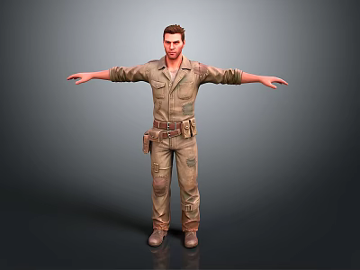 3D Male Character In Military Uniform With Arms Outstretched Standing On Gray Background 3d model