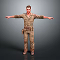 3D Male Character In Military Uniform With Arms Outstretched Standing On Gray Background
