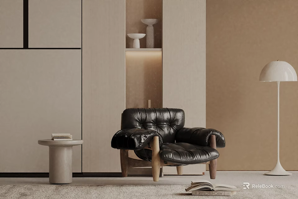 Black Leather Leisure Chair With Wooden Legs In Minimalist Interior Side Table And Floor Lamp 3d model 