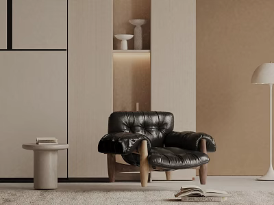 Black Leather Leisure Chair With Wooden Legs In Minimalist Interior Side Table And Floor Lamp 3d model