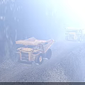 Three Yellow Dump Trucks Driving On Dirt Road In Mine Site
