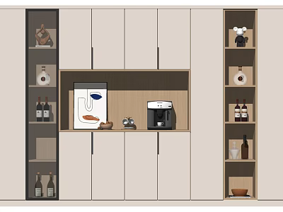 Modern Wine Cabinet With Cabinets Shelves Wine Bottles Coffee Machine And Decorative Items 3d model