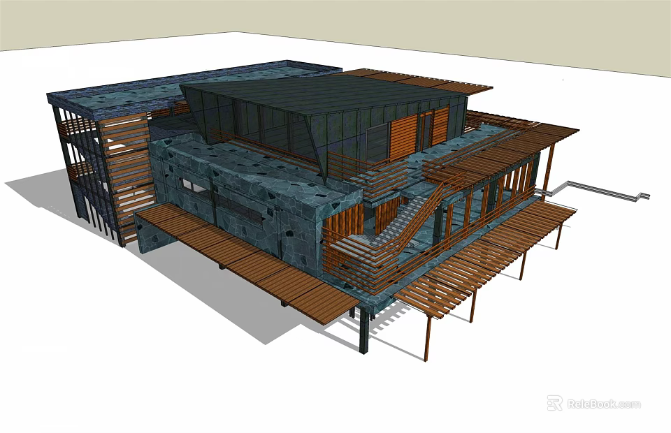 Modern Architectural Design With Wooden Structures Glass Walls Open Terrace And Staircase 3d model 