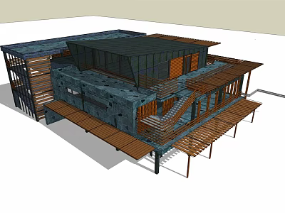 Modern Architectural Design With Wooden Structures Glass Walls Open Terrace And Staircase 3d model