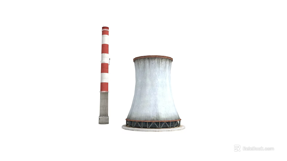 Red and white striped tall chimney with large industrial cooling tower structure 3d model 