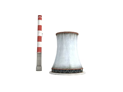 Red and white striped tall chimney with large industrial cooling tower structure 3d model