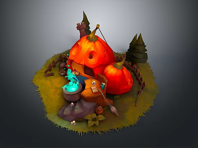 Magical Scenic Landscape With Large Pumpkins Green Grass Magic Cauldron And Small Trees 3d model