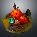 Magical Scenic Landscape With Large Pumpkins Green Grass Magic Cauldron And Small Trees