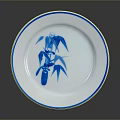 Blue Bamboo Sculpture Design On White Ceramic Plate With Blue Rim And Smooth Surface