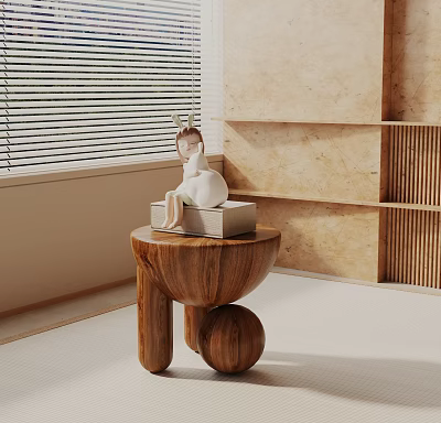 Wooden Side Table with Spherical Base in Modern Living Room Featuring Decorative Sculpture 3d model